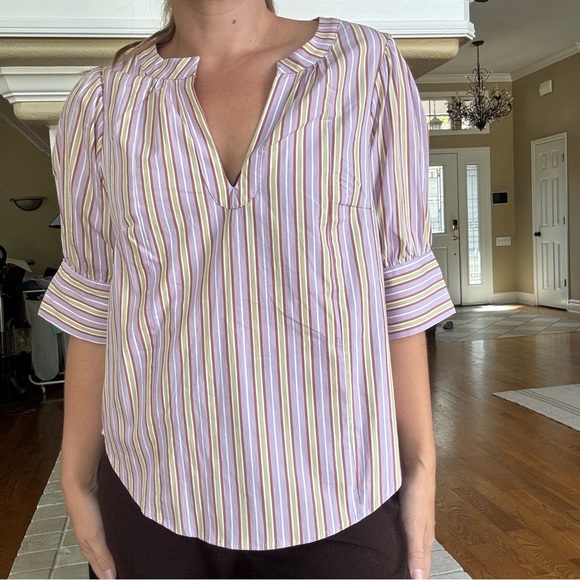Maeve Puff Sleeve V Neck Stripe Blouse Lavender - Picture 1 of 7
